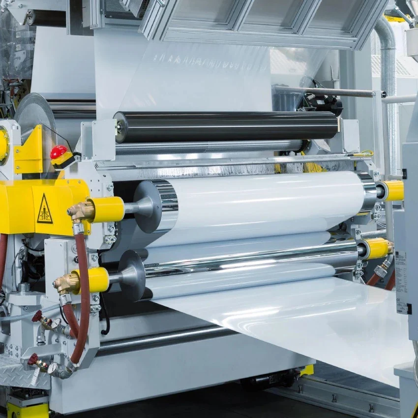 White polypropylene sheet roll on winding equipment
